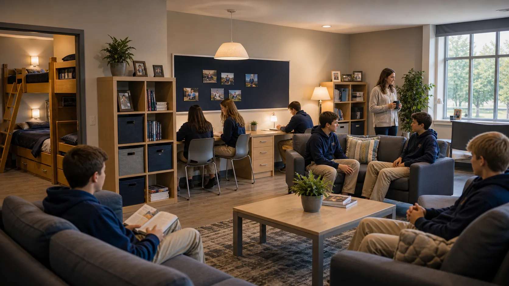 Boarders reading and talking in the warm-lit common room