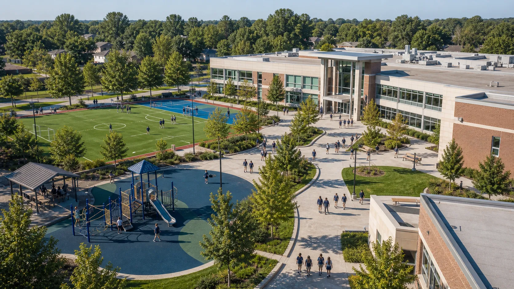 Overview of the playground and green spaces from the upper terrace