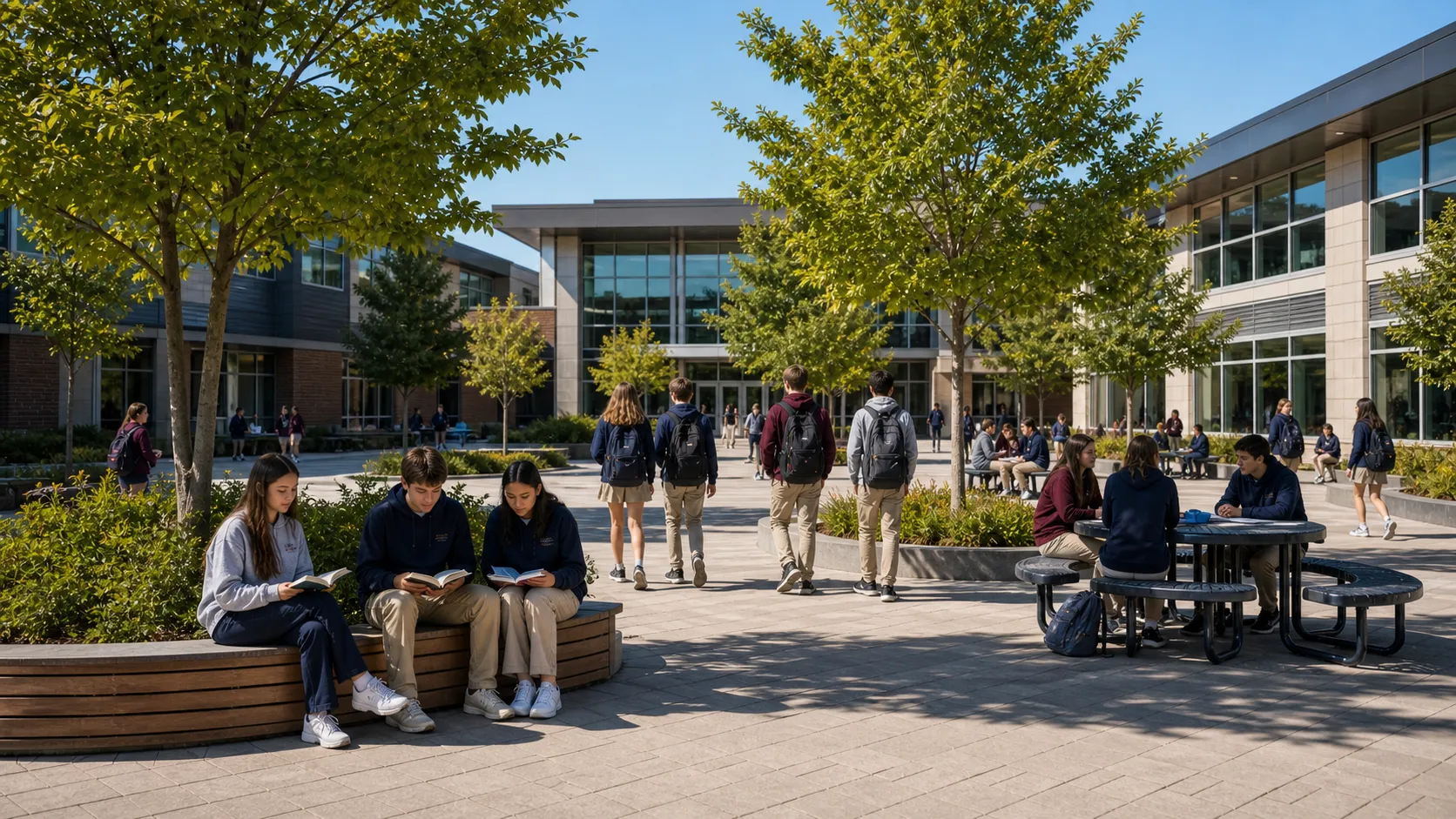 Students gathered in the sunlit central courtyard between lessons