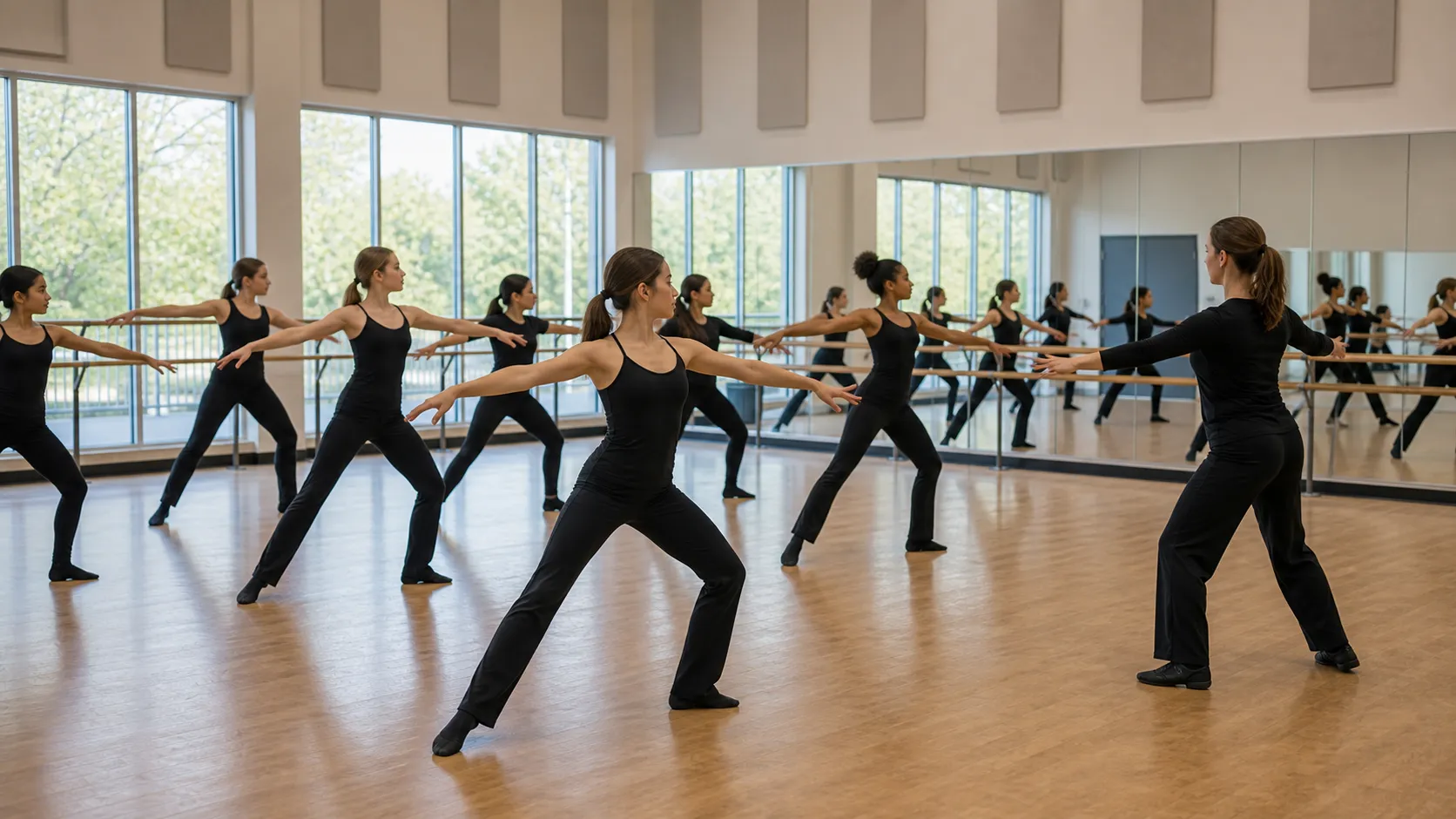 Dancers rehearsing in the mirrored studio before a recital