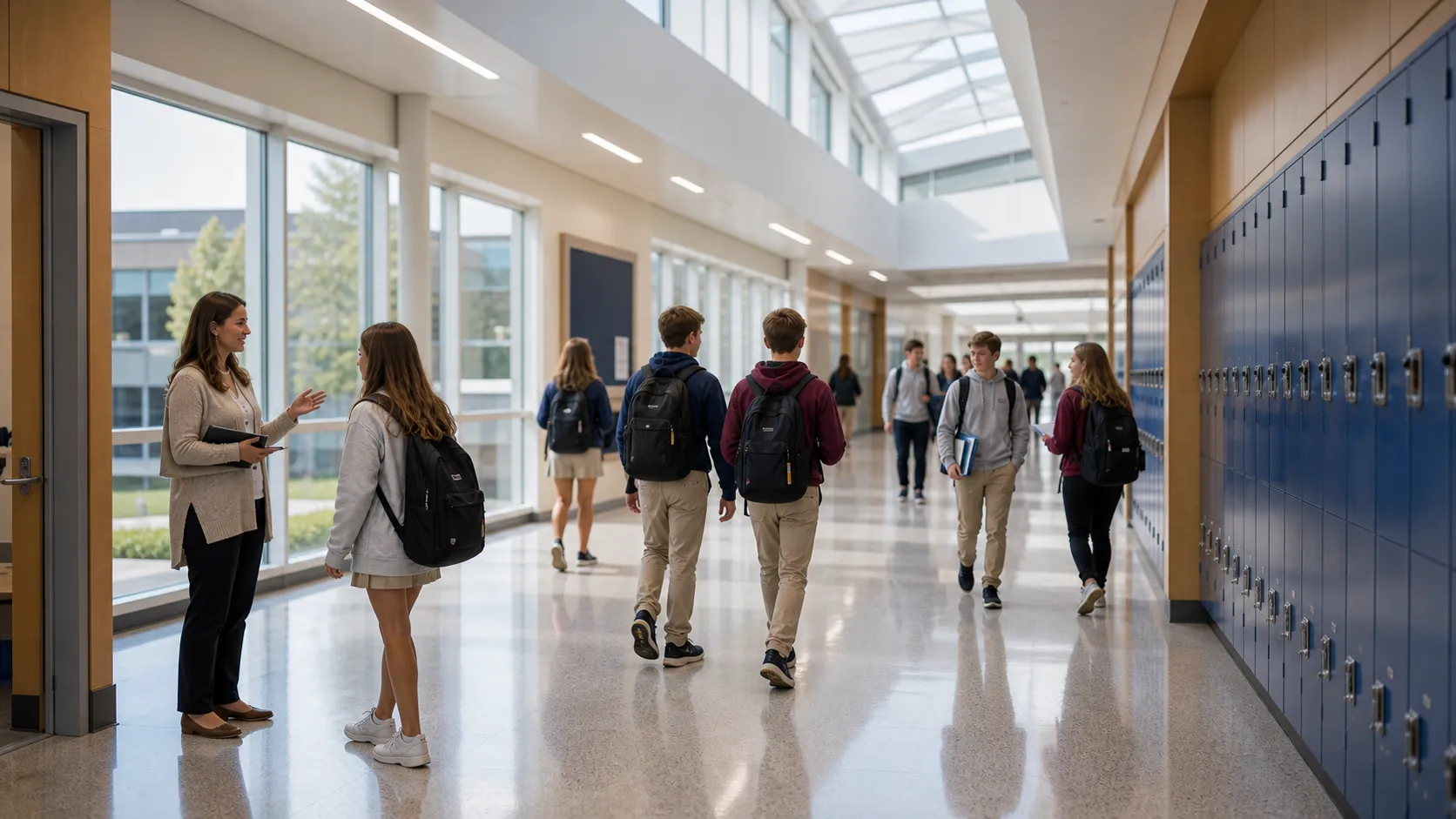 A daylight-filled hallway as pupils move between classes