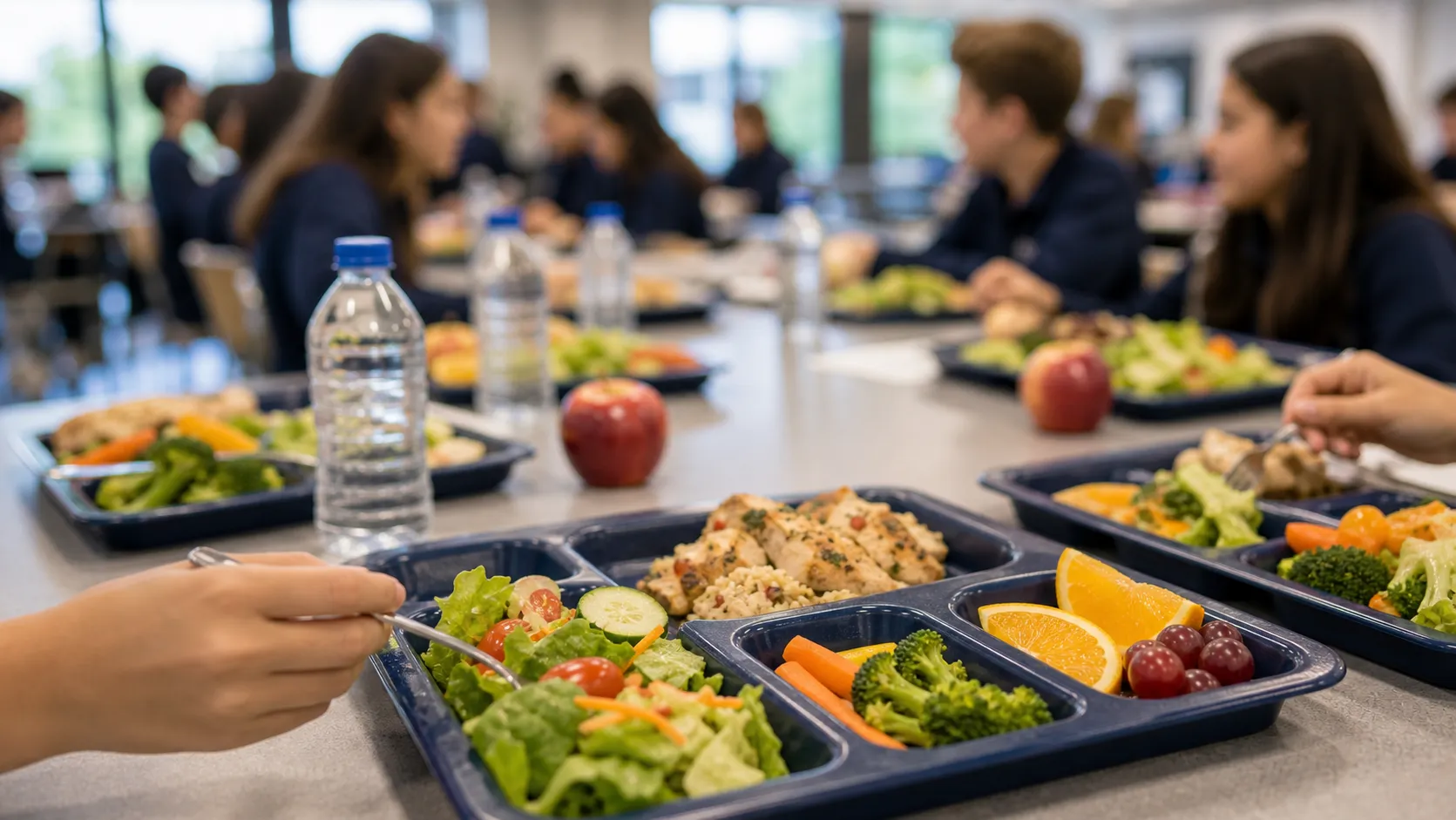 Freshly prepared lunch trays in the Solenne Hall dining hall