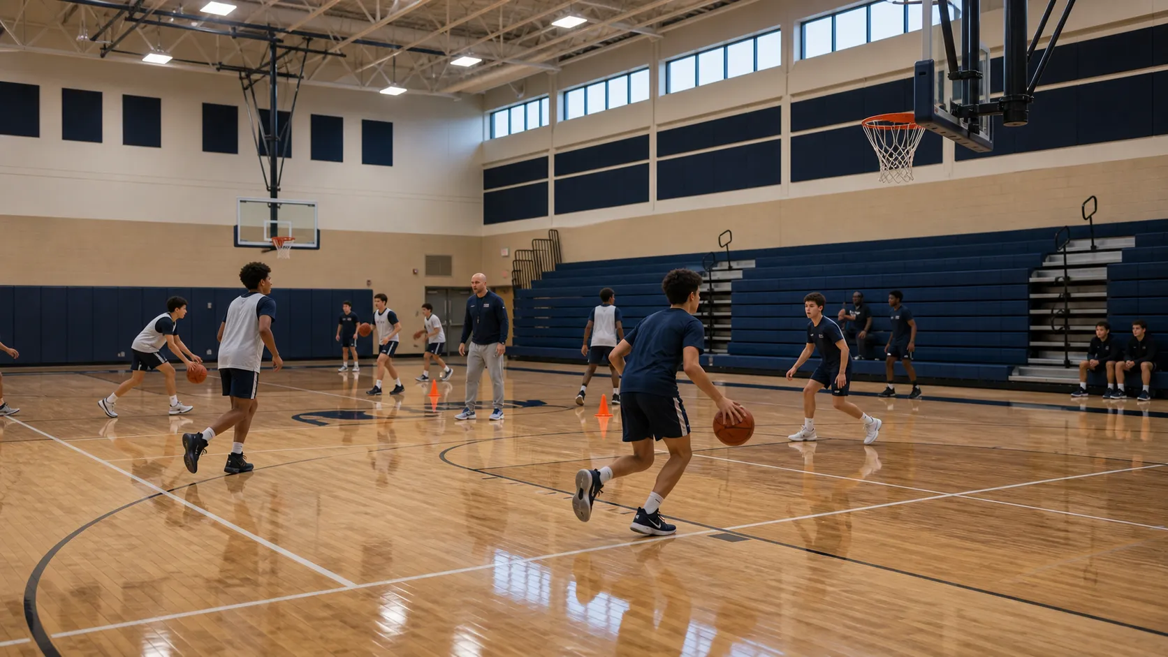 A basketball game underway in the double-height sports hall