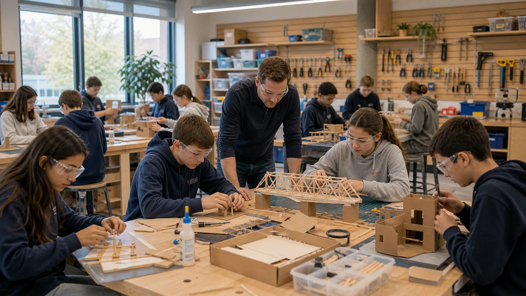 Prototypes and tools laid out across the makerspace tables