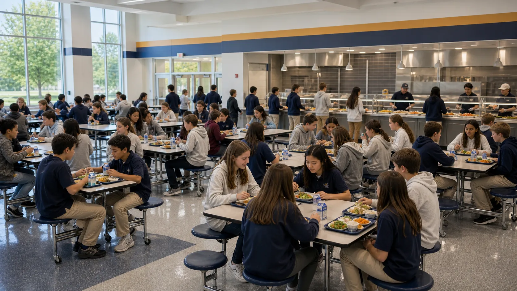 The dining hall at lunch, long tables and morning light