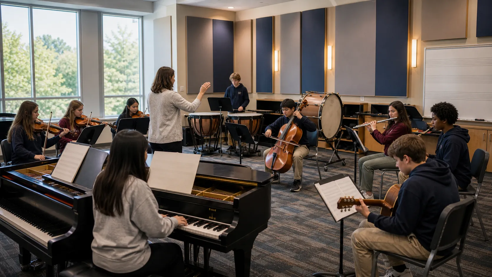 A student ensemble rehearsing in the music room