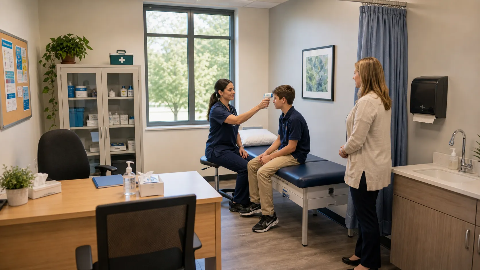 The school nurse caring for a pupil in the campus health centre