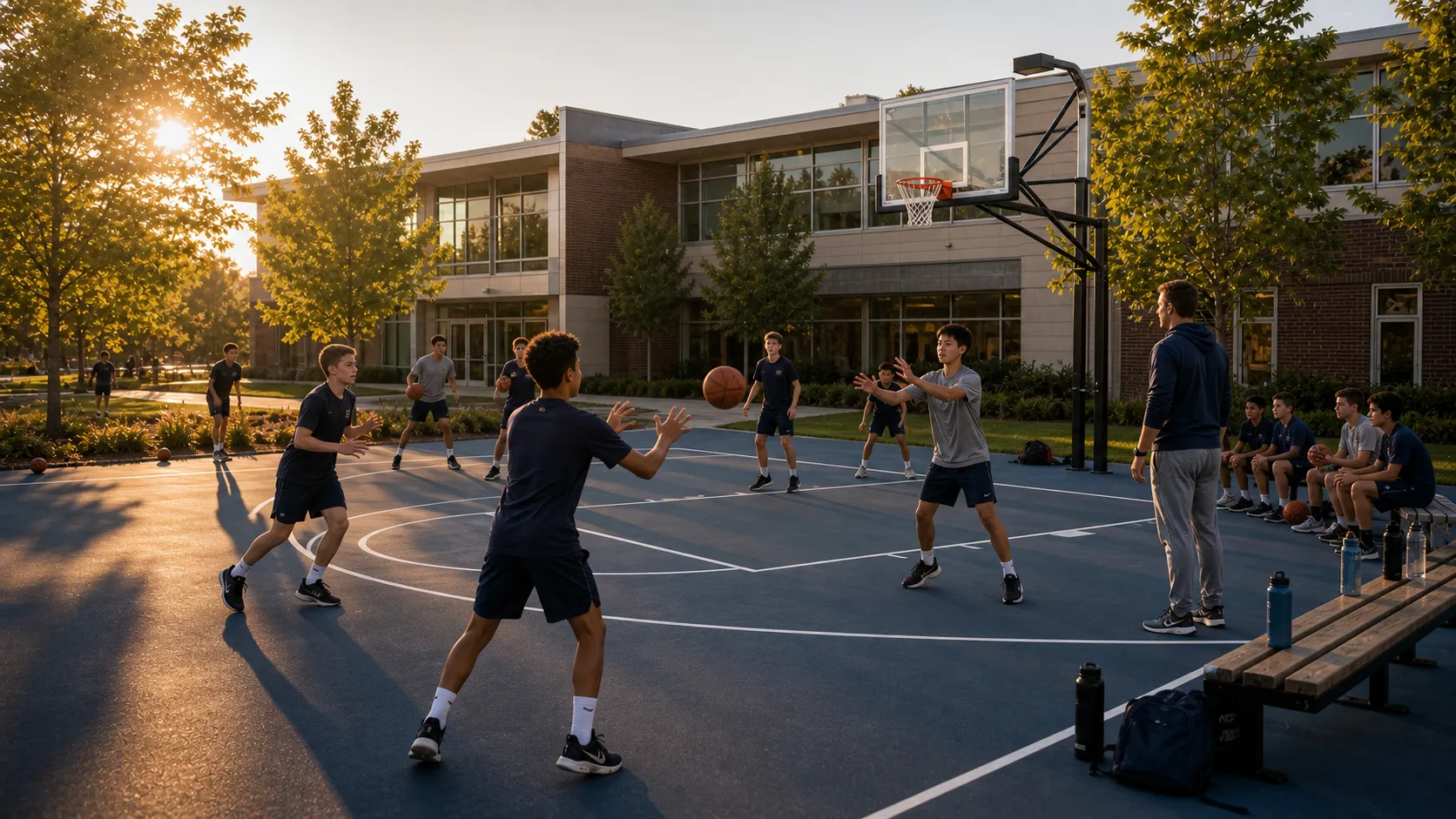 A game in progress on the outdoor basketball court