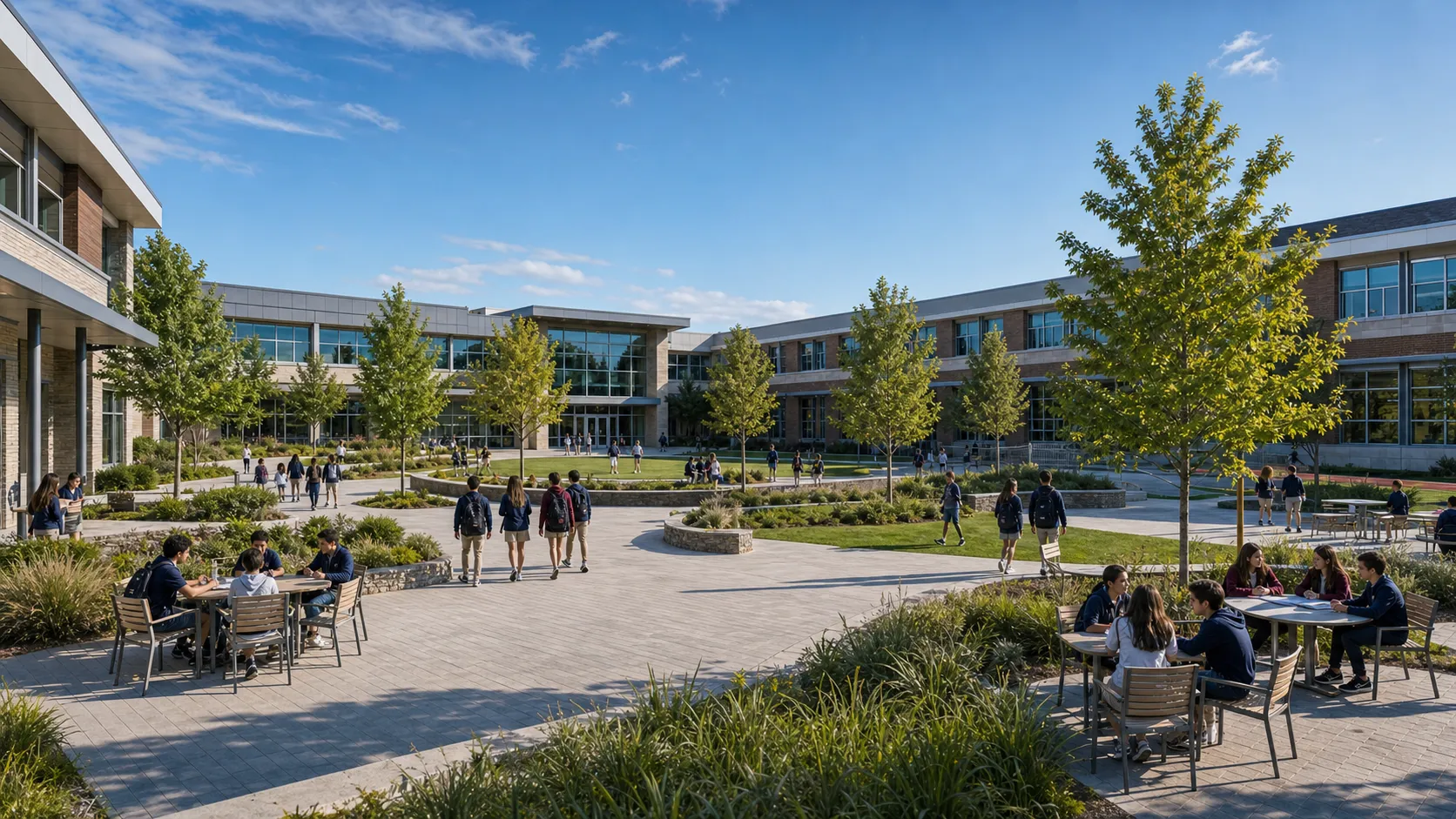 Panoramic view of the Solenne Hall courtyard and campus