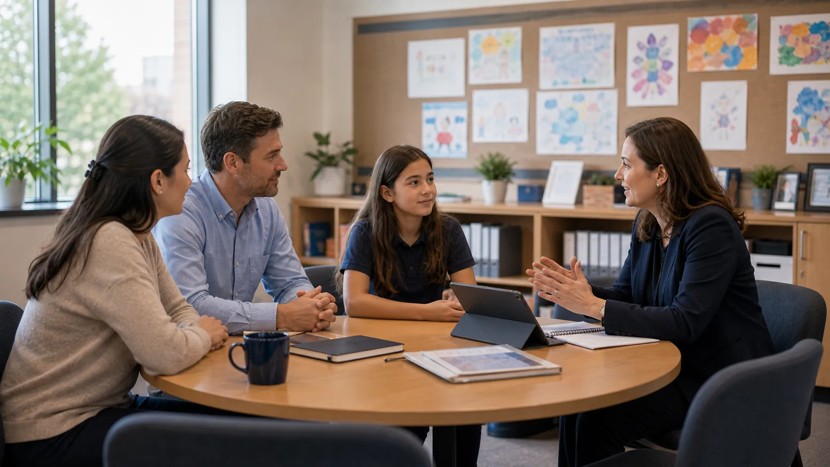 A registrar in conversation with parents across a sunlit table during a family meeting