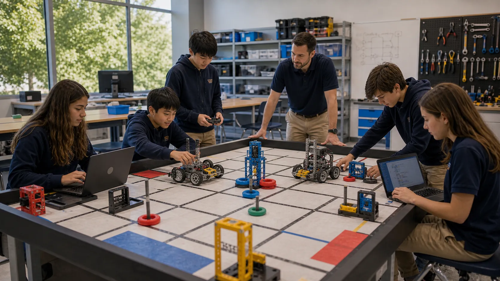 The Solenne Hall robotics team at a competition table