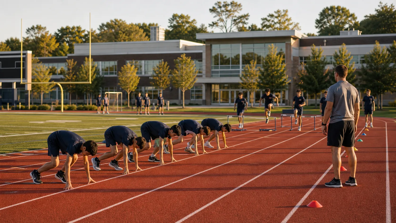 Athletes at practice on the running track
