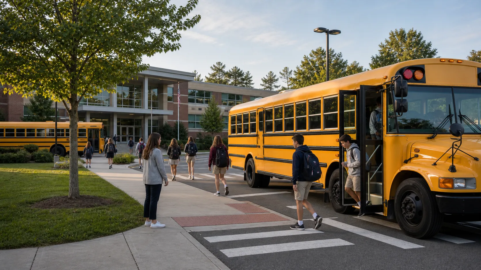 A Solenne Hall coach arriving at the campus gate as pupils step down in the morning light