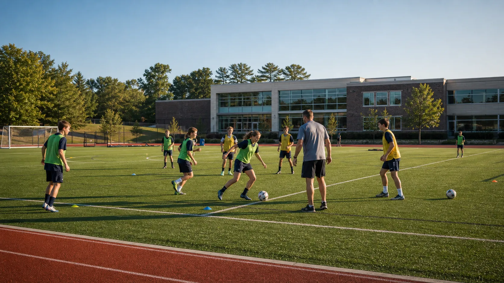 A physical education class spread across the playing field