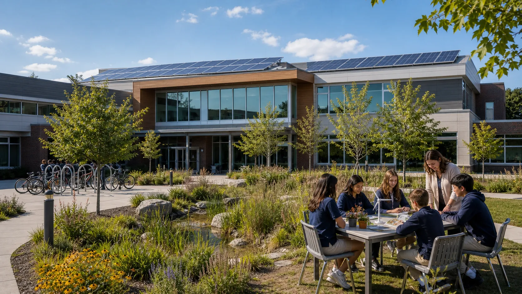 Rooftop solar arrays above the science wing on a clear day