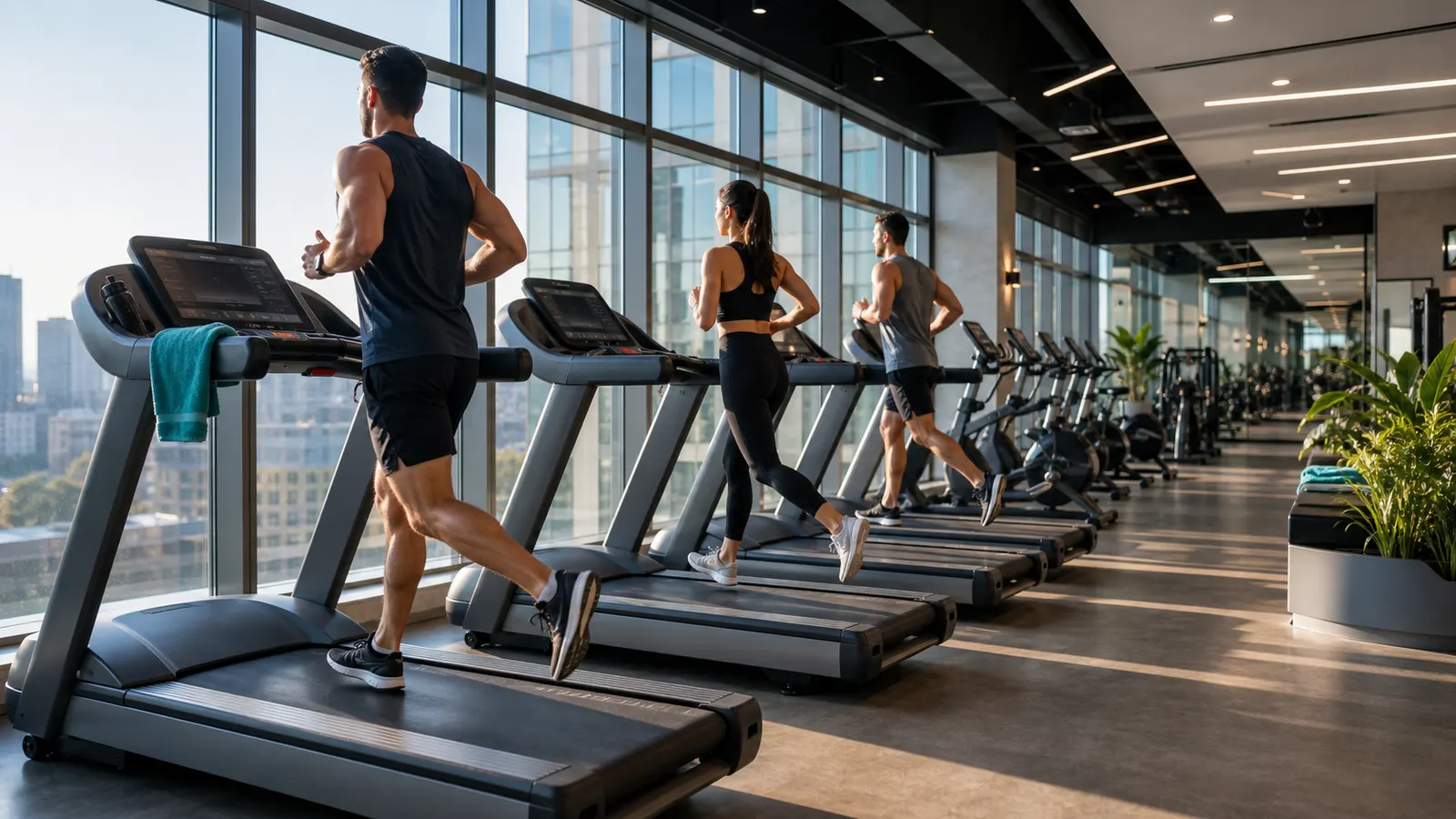 Treadmills facing the Worli skyline through full-height glass