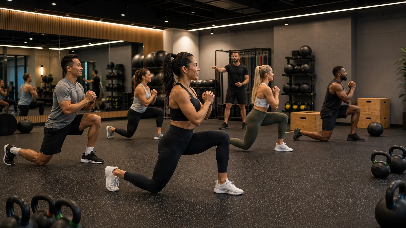 A coached group conditioning class mid-lunge on the SOMA training floor