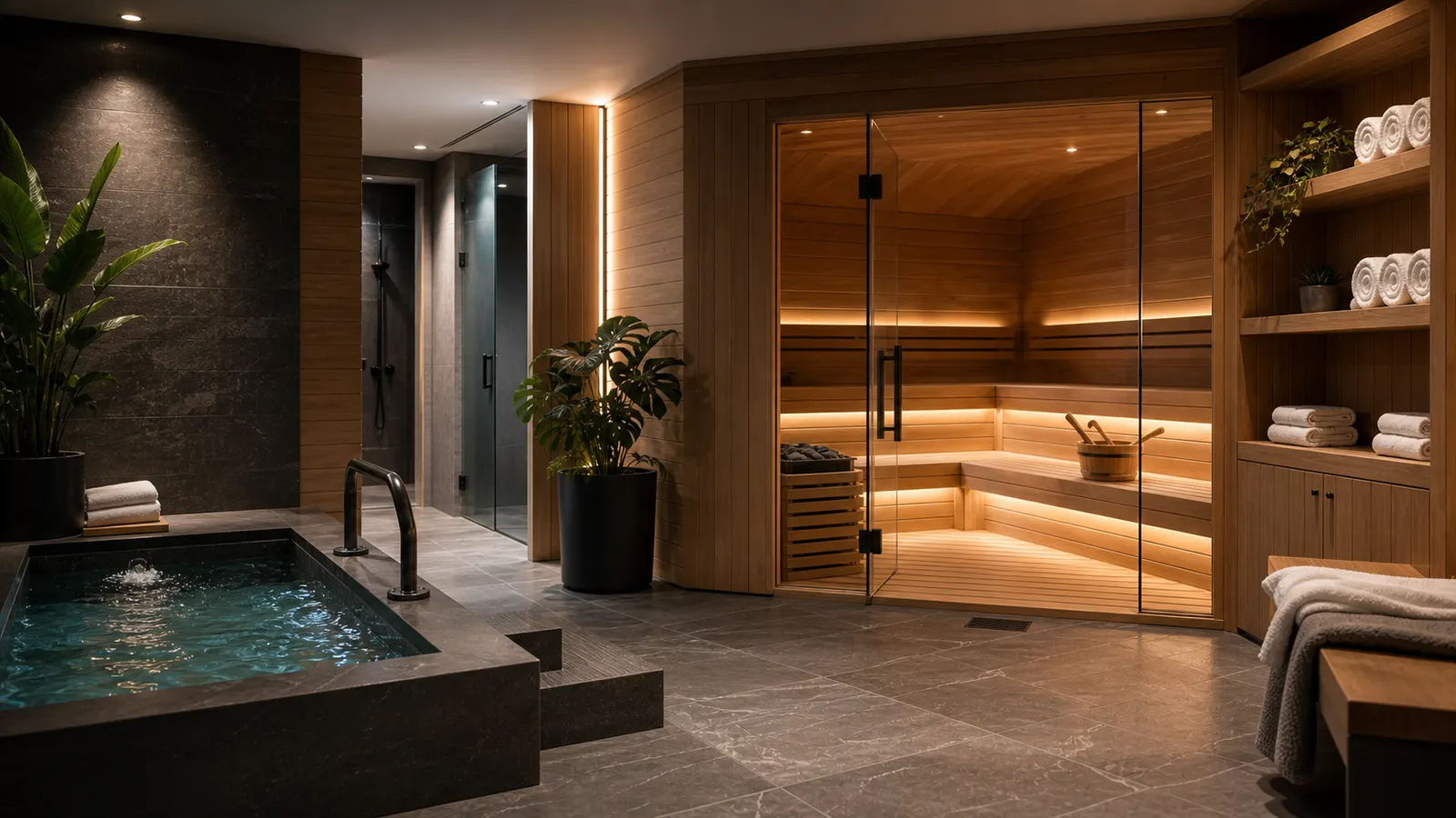 The SOMA Recovery Lab — cedar sauna beside the cold plunge