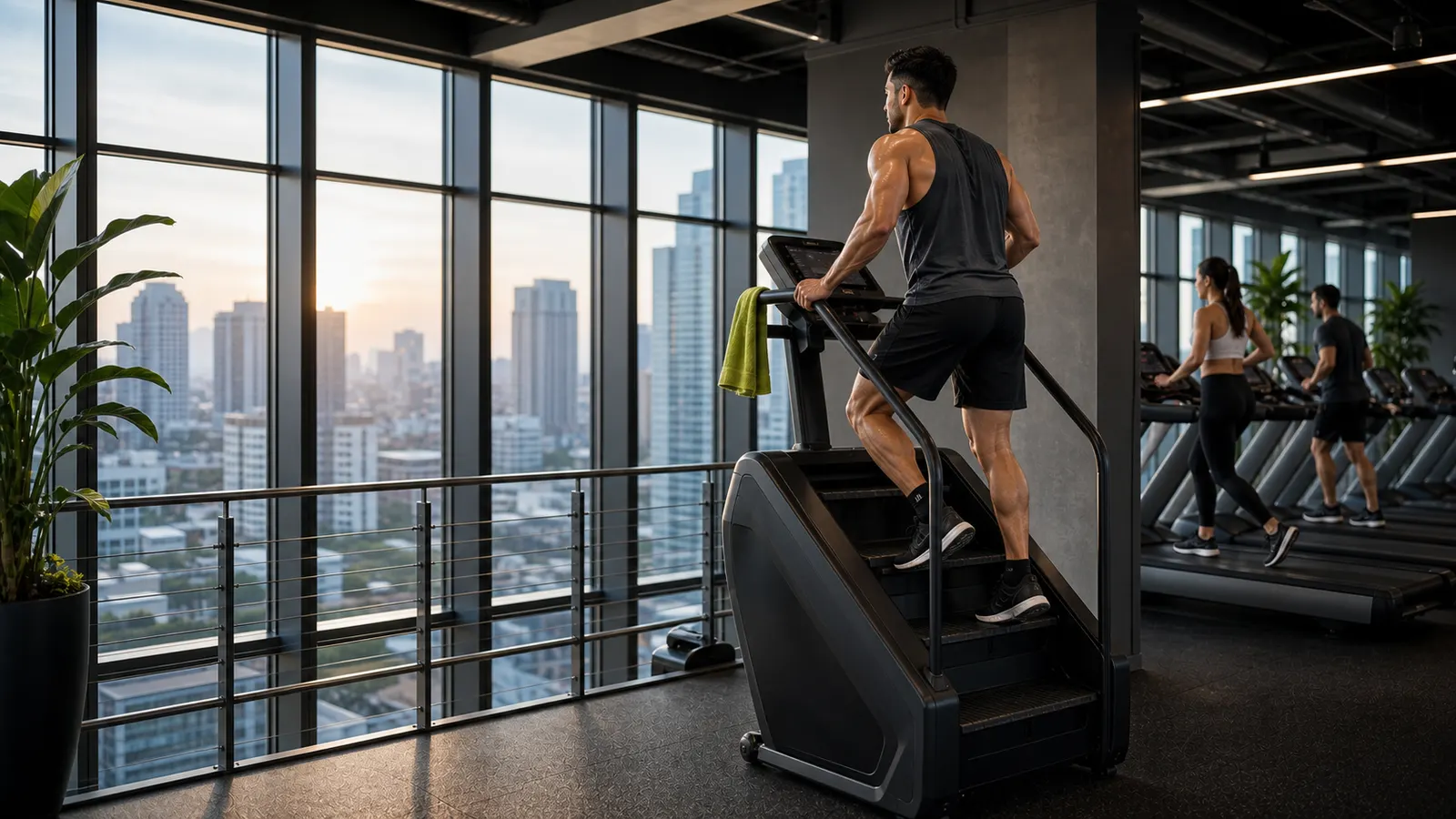 A member on the stair climber facing the Mumbai skyline at dusk