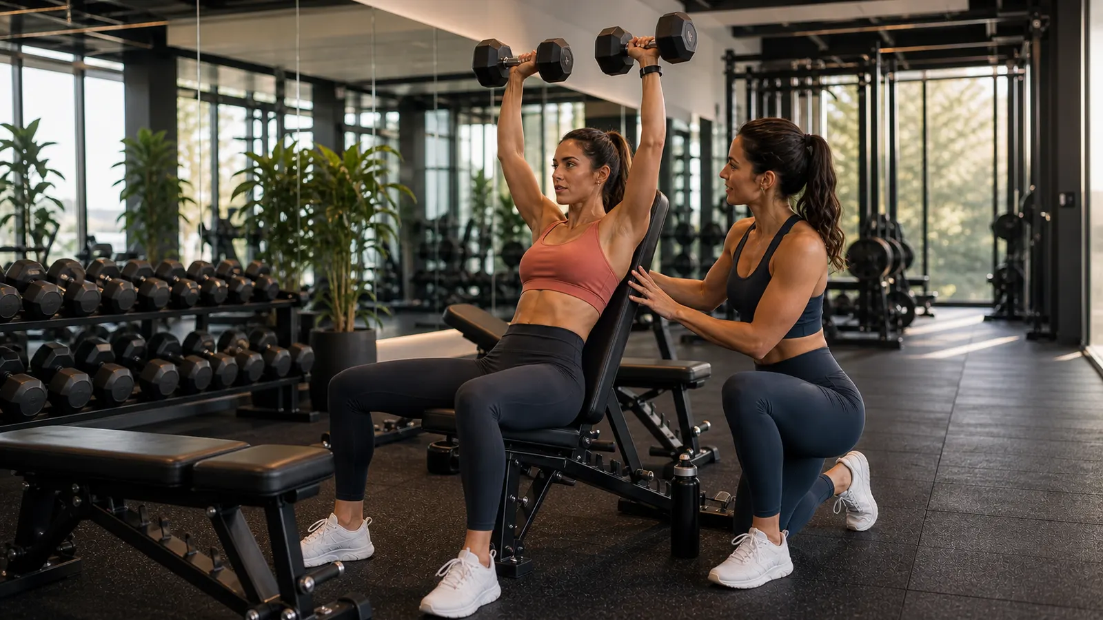 A SOMA member pressing dumbbells under a coach's eye