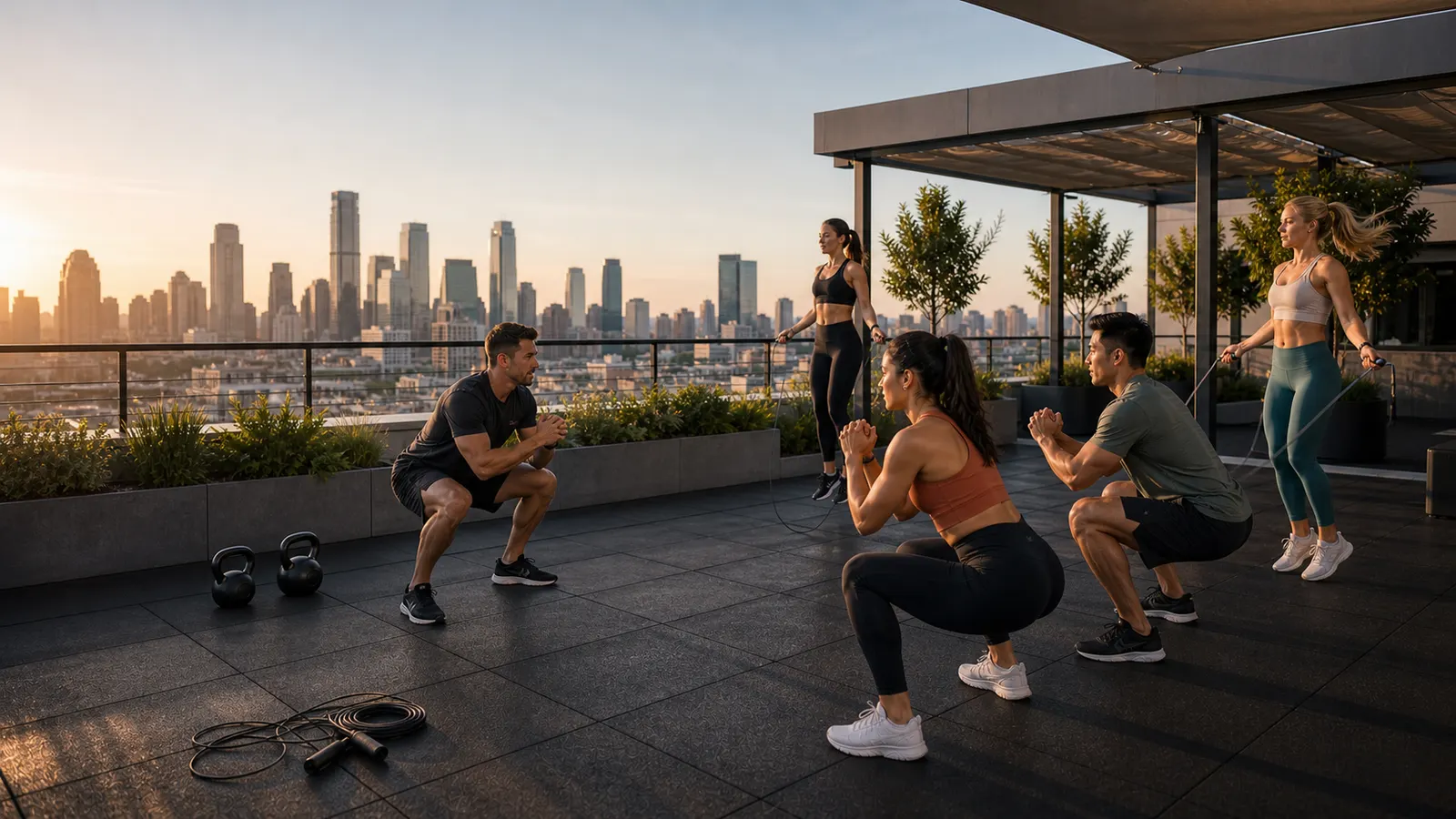 Members training on the SOMA rooftop at golden hour