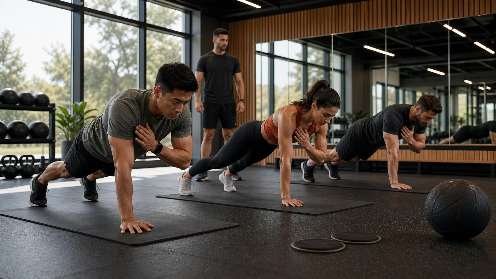 Three members holding planks in a coached core class at SOMA