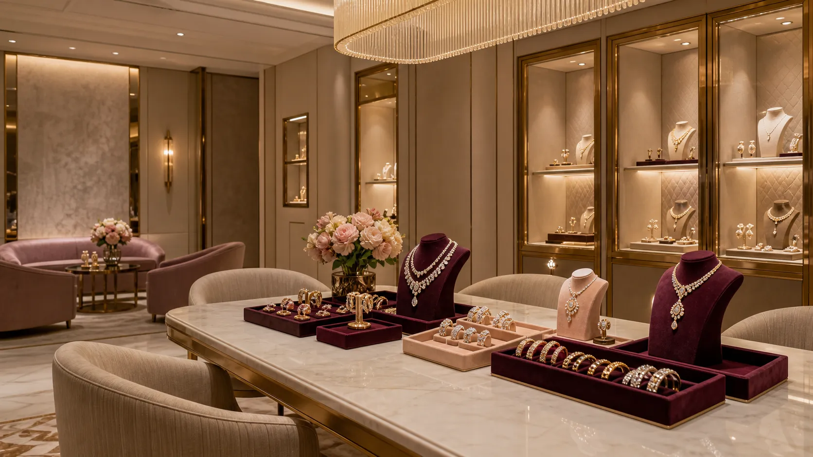 A private Varenne salon dressed in burgundy and blush peonies
