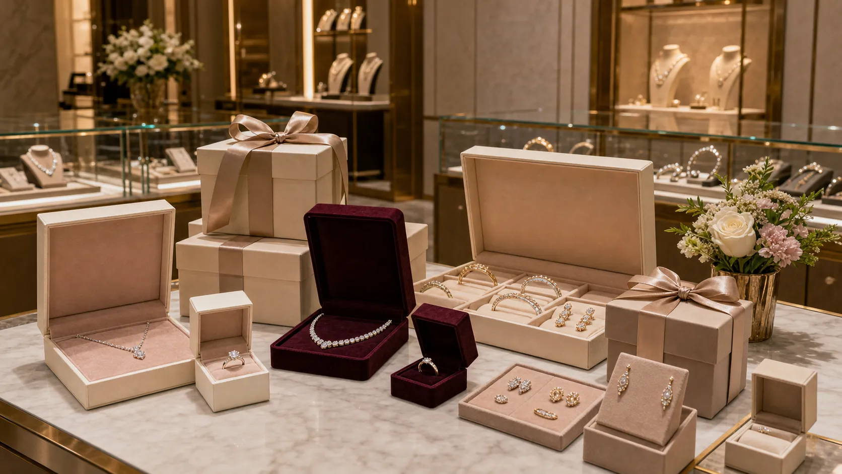 A burgundy jewellery box holding a diamond necklace, with ribboned gift boxes