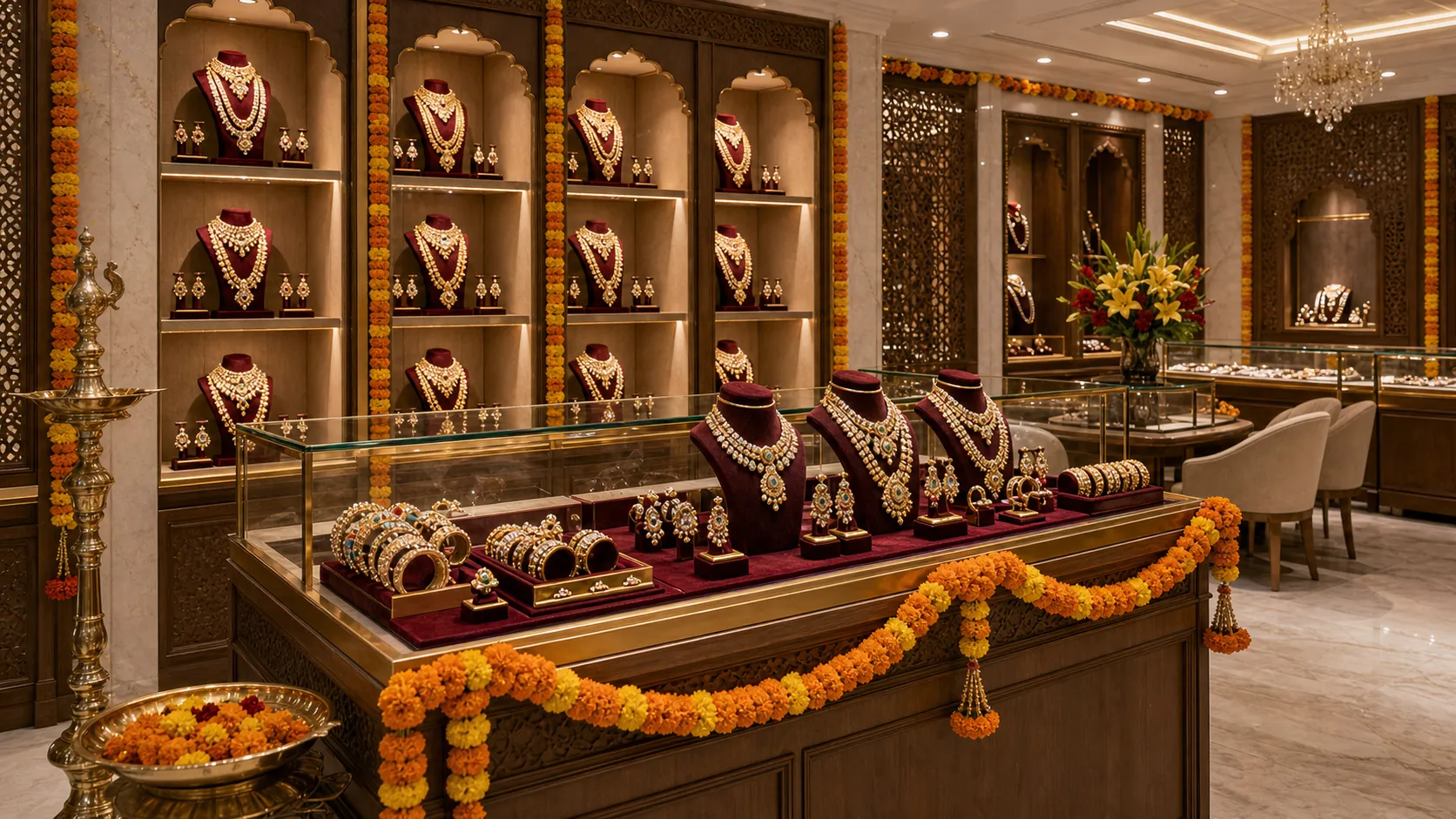 A festive bridal display of polki and kundan gold under marigold garlands