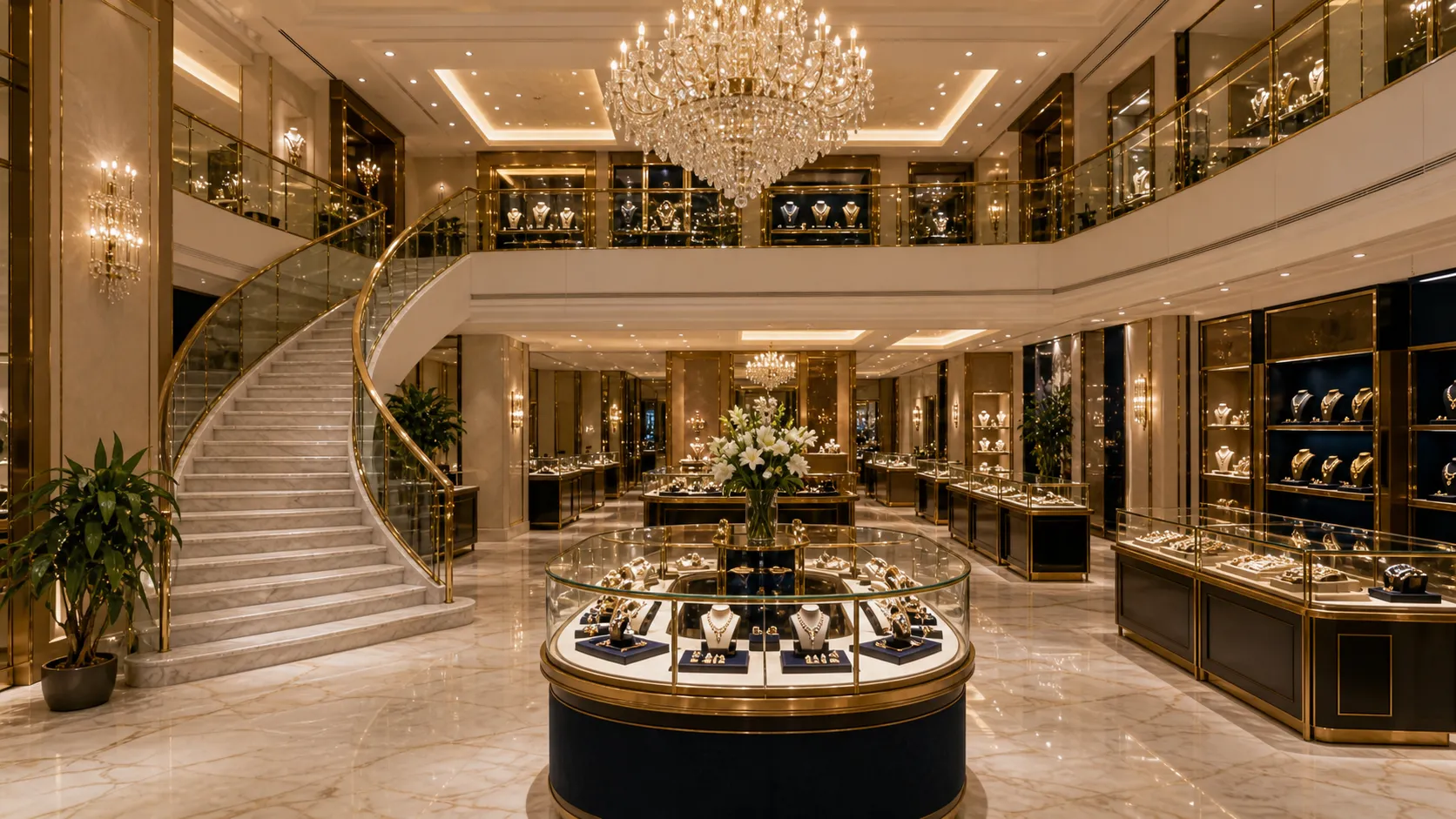 The Varenne grand atrium and staircase, lit vitrines along the marble hall
