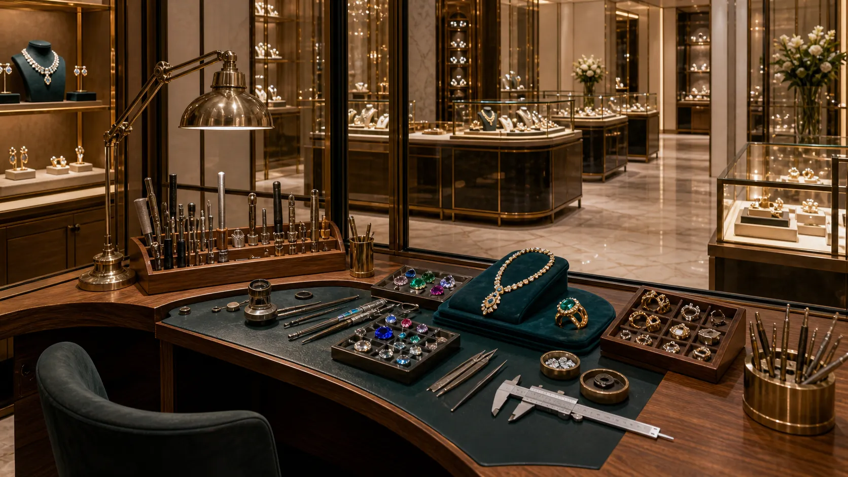 The Varenne atelier workbench with tools and loose gemstones