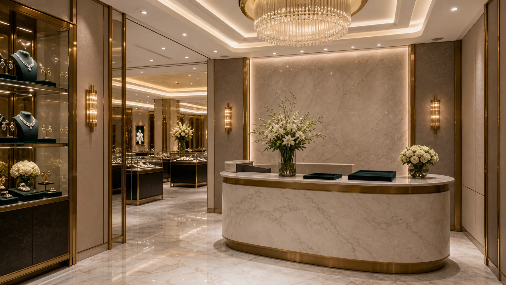 The Varenne reception desk, white flowers under soft daylight