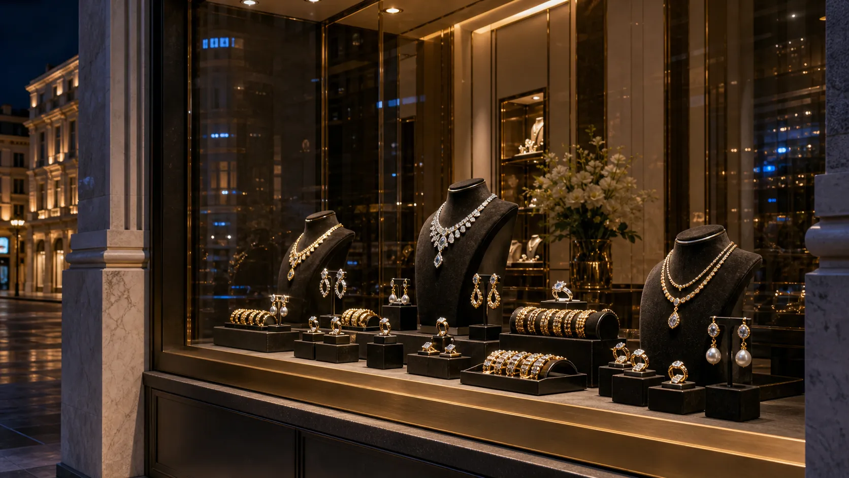 The Varenne storefront window at night, the signature solitaire lit alone in the vitrine