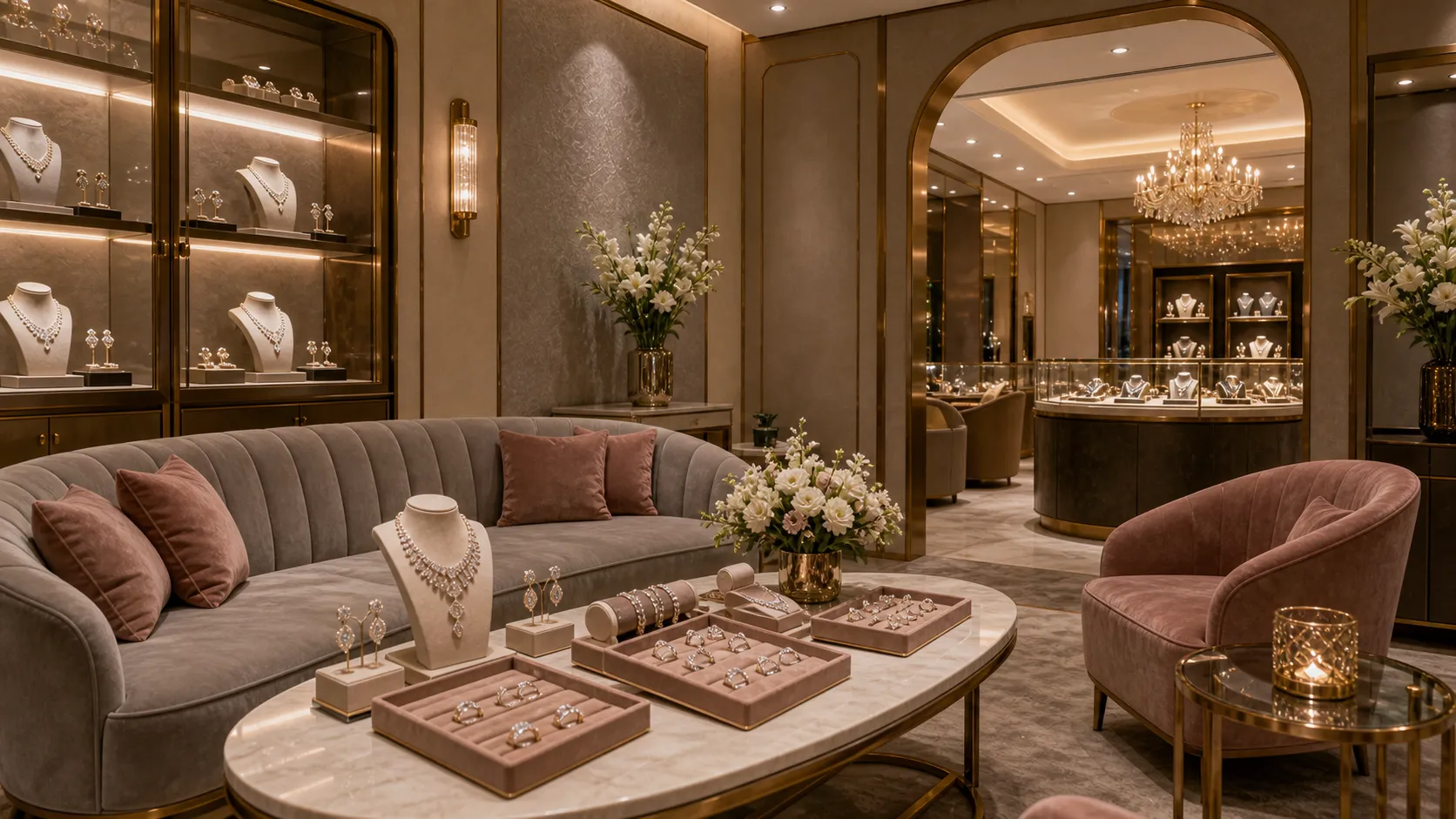 A dusty-rose salon lounge set for a private viewing