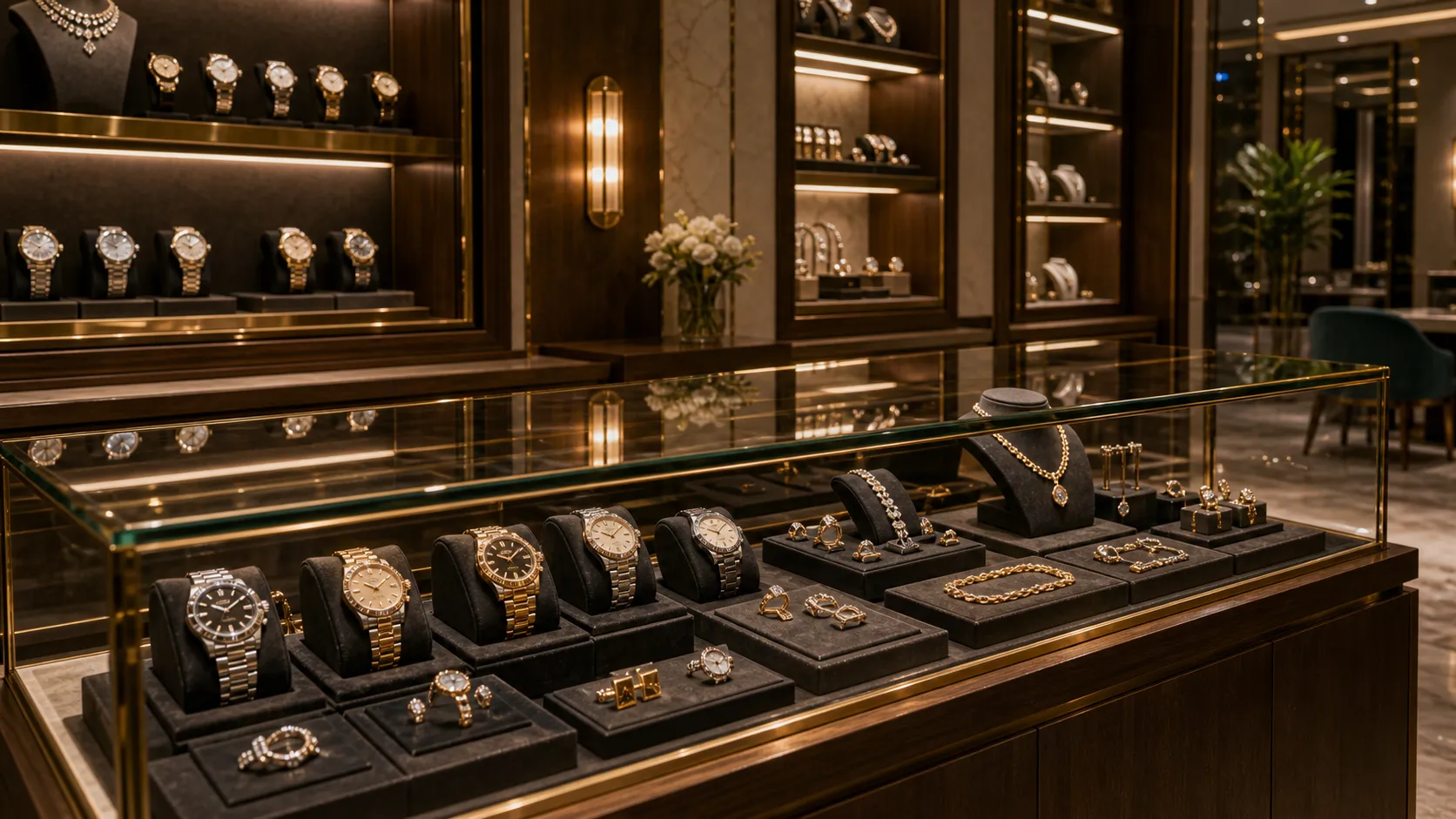 Fine jewellery and timepieces resting in a lit glass vitrine