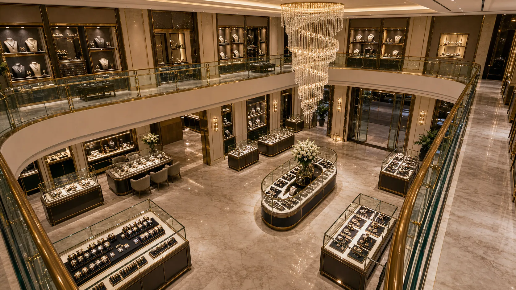 The Varenne atrium seen from above, vitrines and benches around an open hall