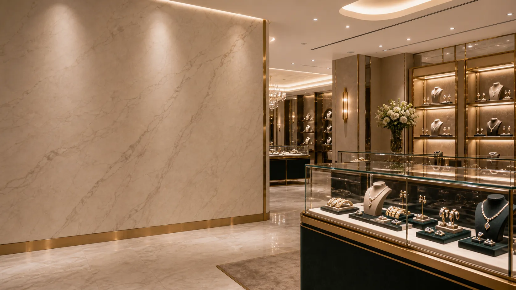 A marble feature wall beside a lit Varenne display case