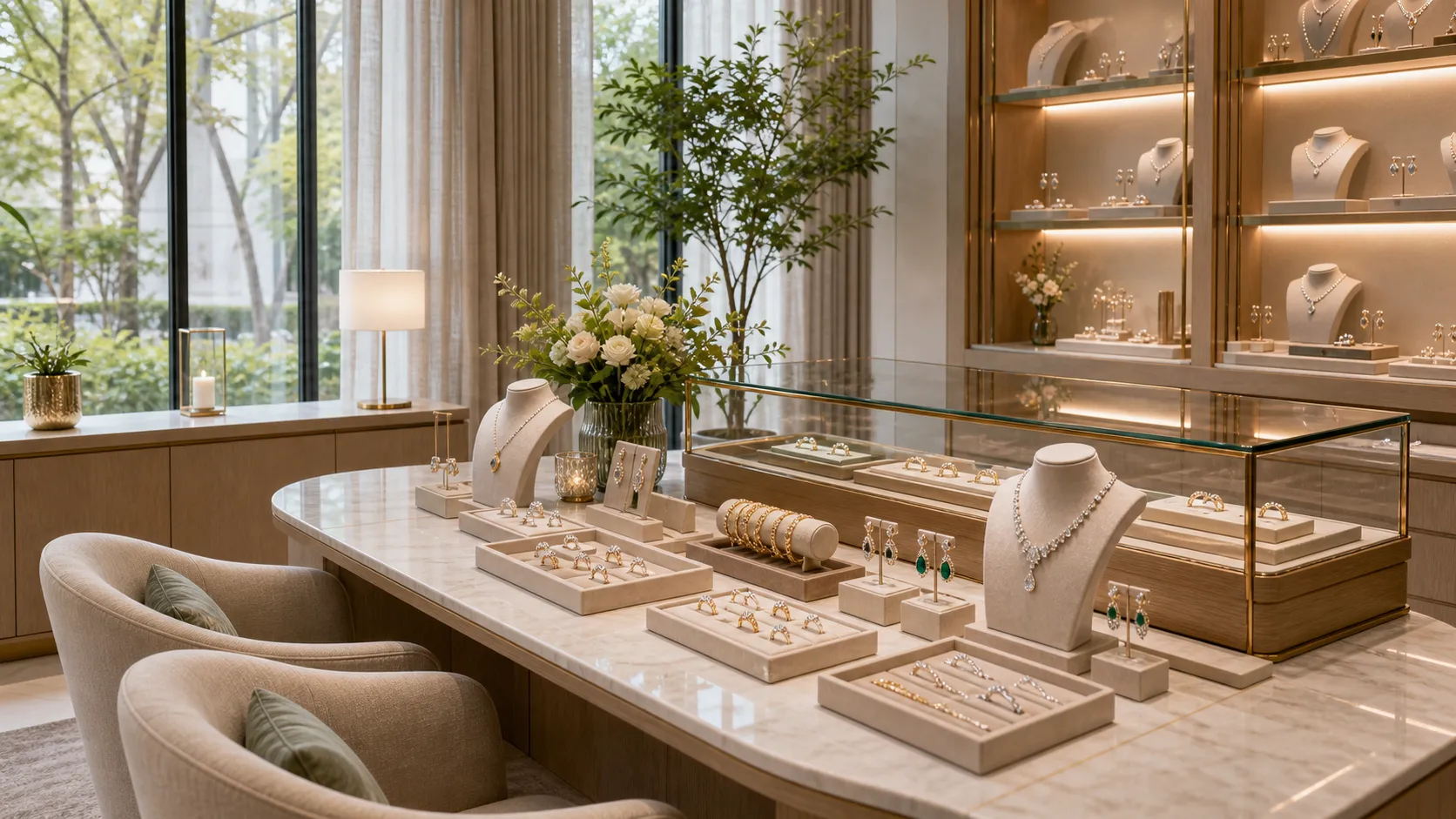 A bright daytime salon at Varenne, lit vitrines along a quiet aisle