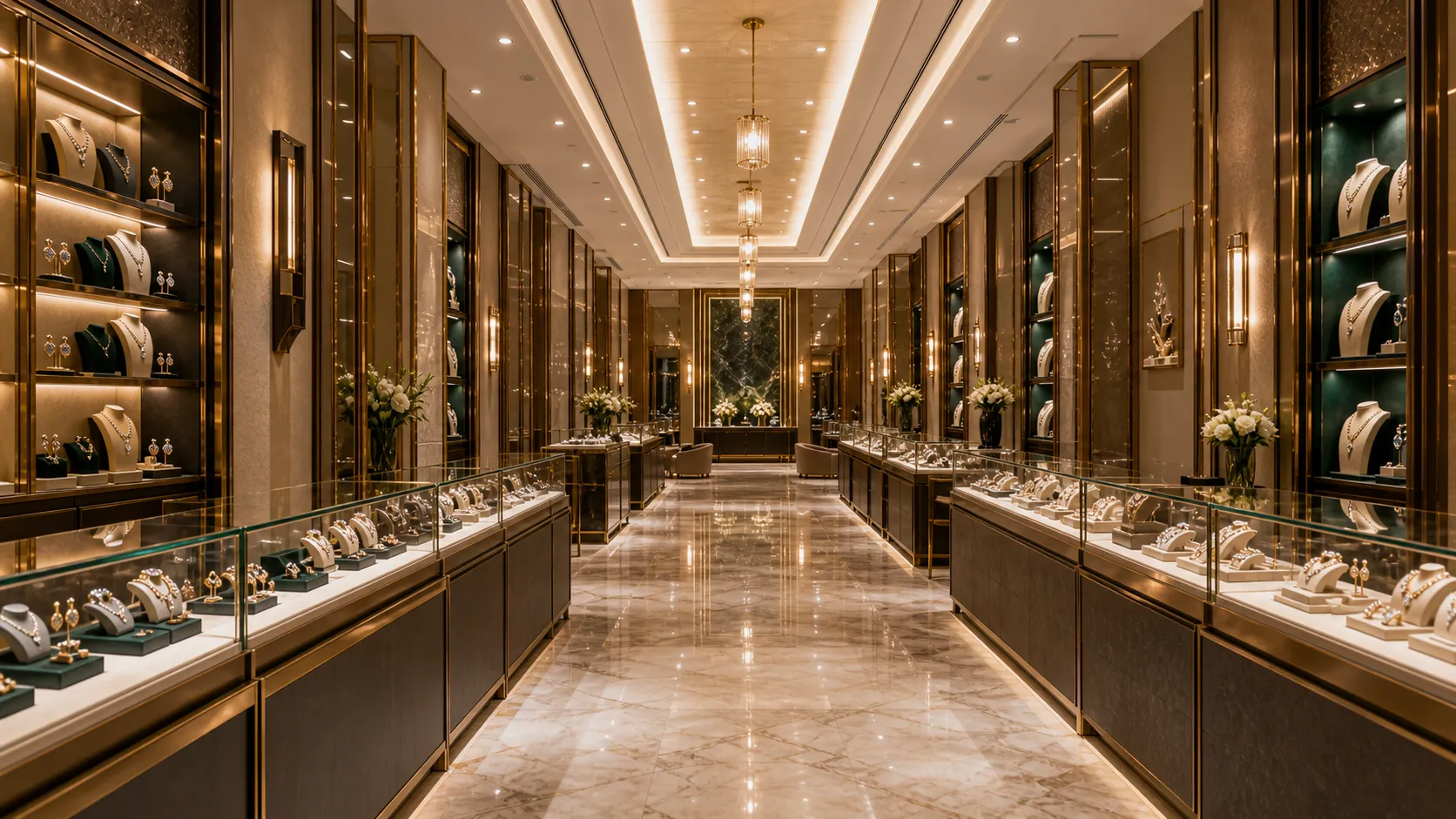 A long hall of gold and green lit niches in a Varenne salon