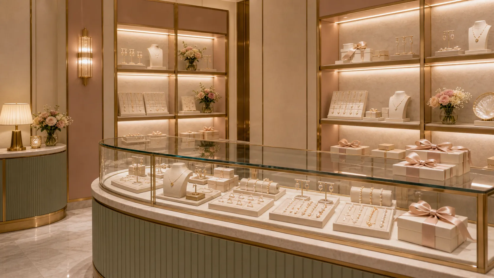 A mauve consultation counter in sage and gold, prepared for a client