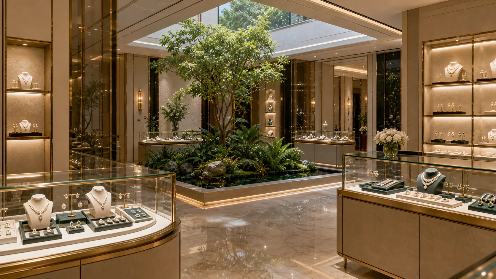 The Varenne indoor garden atrium, with daylight over the salon floor