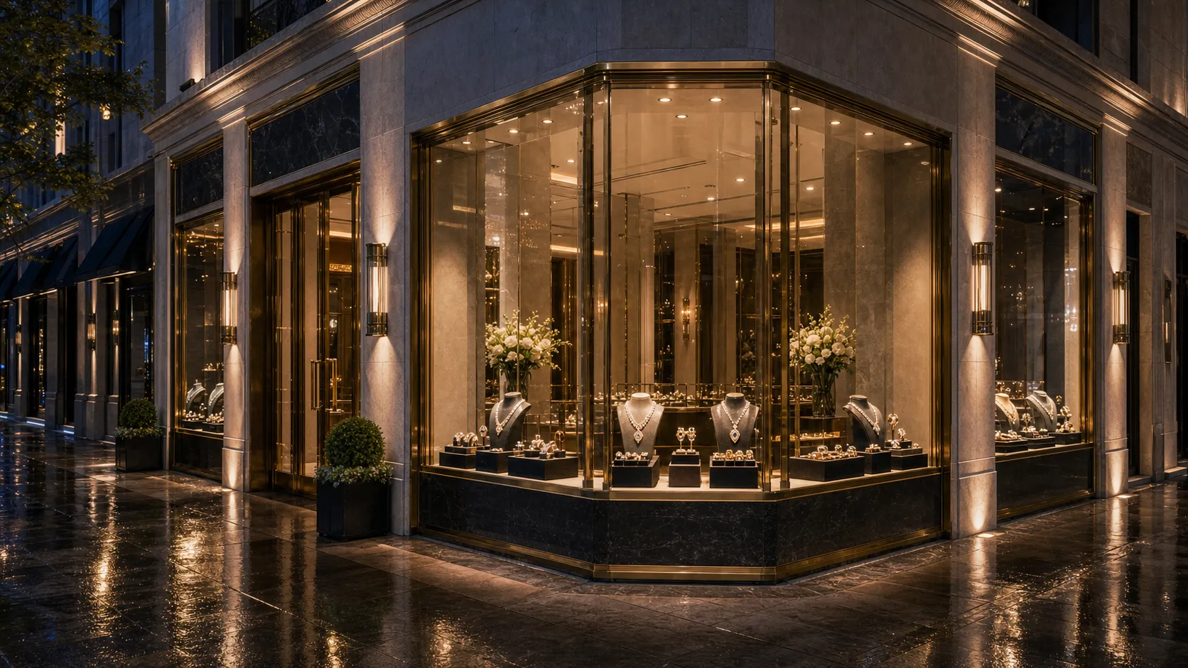 The Varenne corner boutique at night, its lit window reflected on a wet street