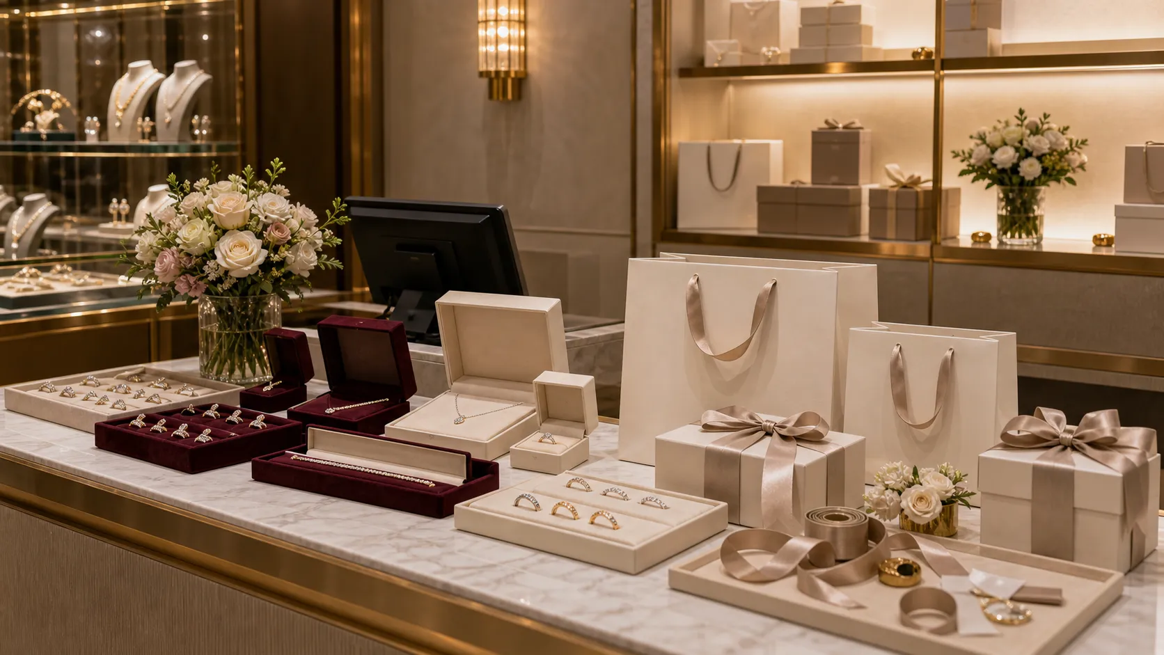 The gifting counter, ribboned boxes ready to leave the maison