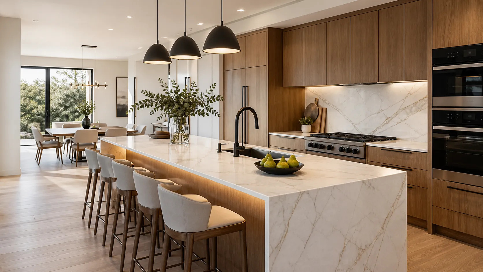 A Bayline kitchen in honed marble with a long island