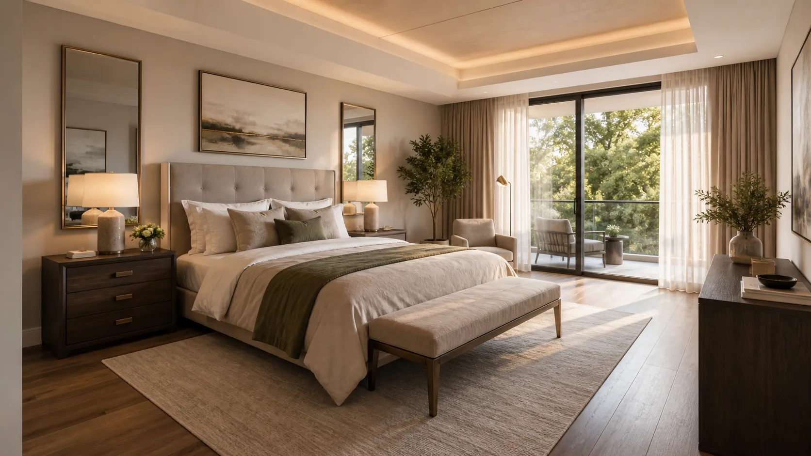 A principal bedroom at The Bayline in soft evening light