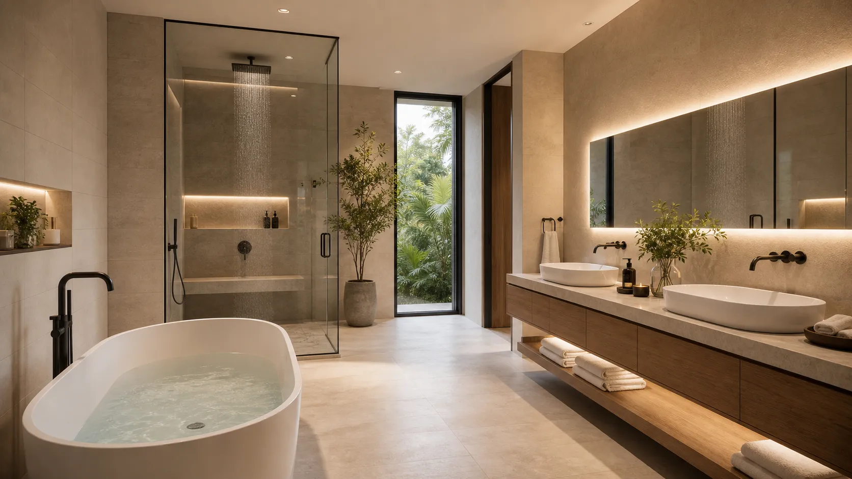 Stone-clad en-suite bathroom with a freestanding bath