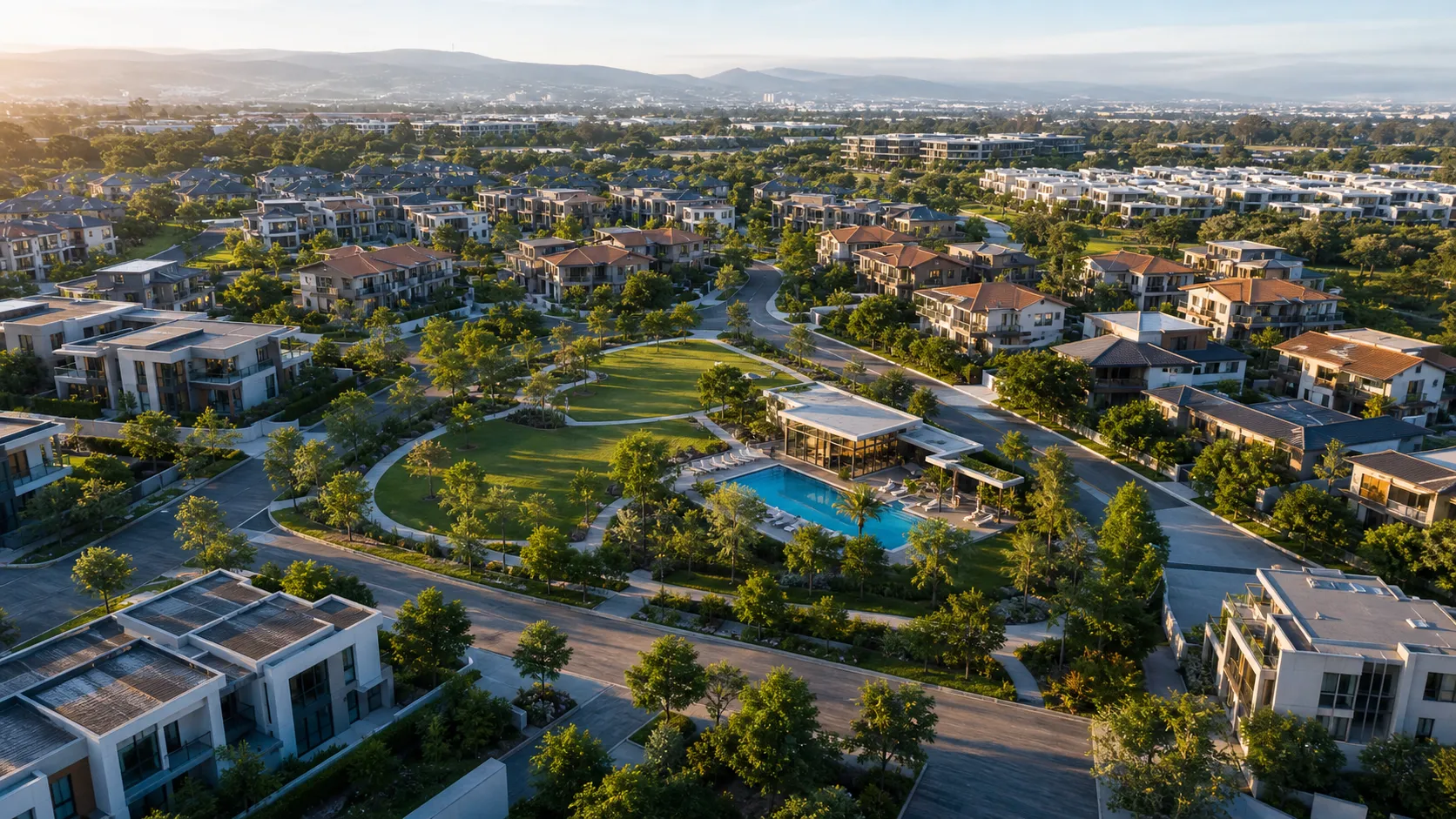 Aerial view of Lantern District at golden hour, park and clubhouse at its centre
