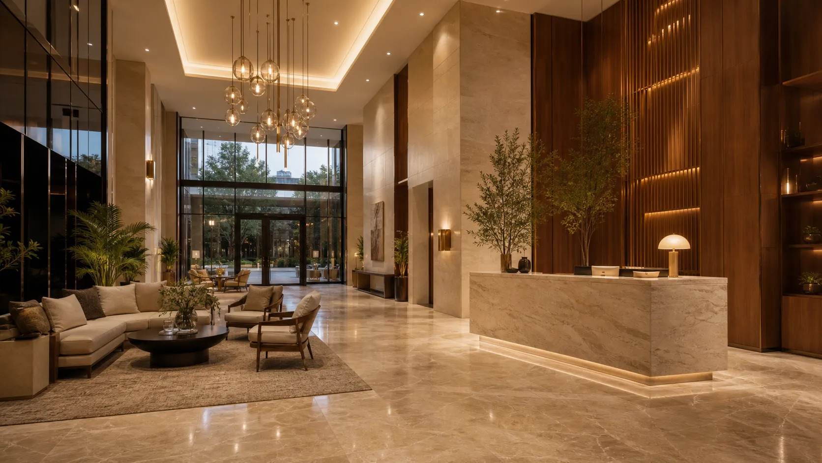 Club Vesper arrival lobby · double-height stone hall lit for the evening