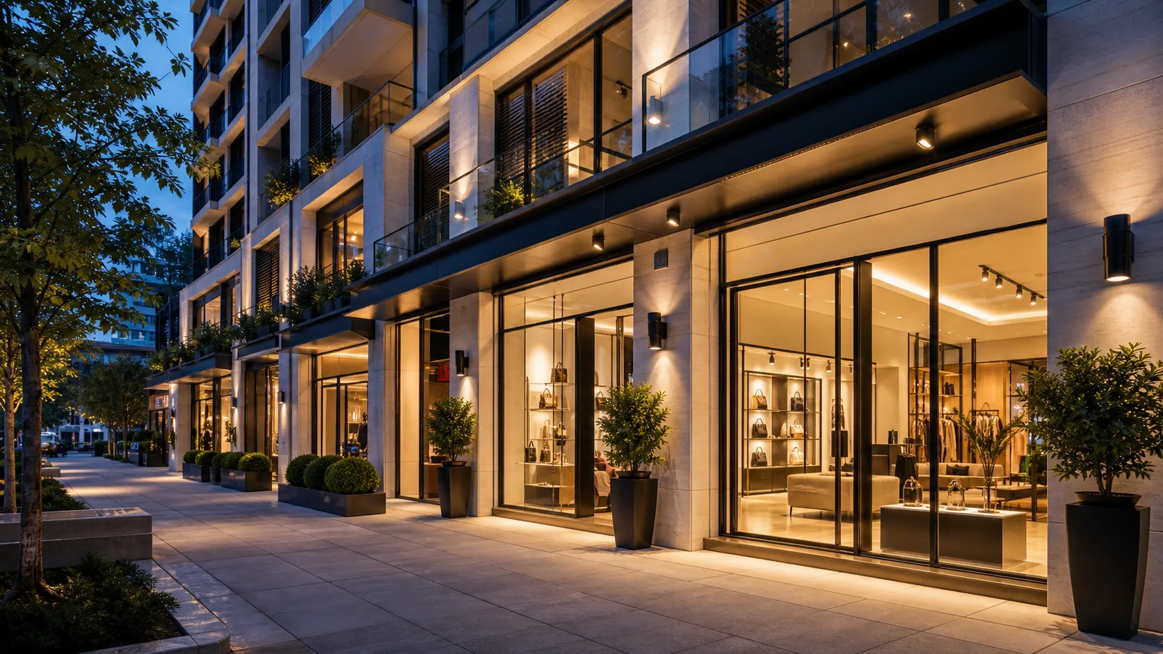 Vespera Exchange, glass offices and retail colonnade at BKC