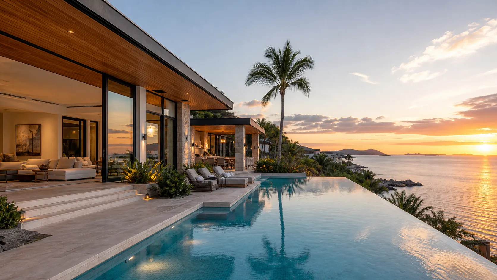 Solara Estate, waterfront villa with infinity pool at sunset